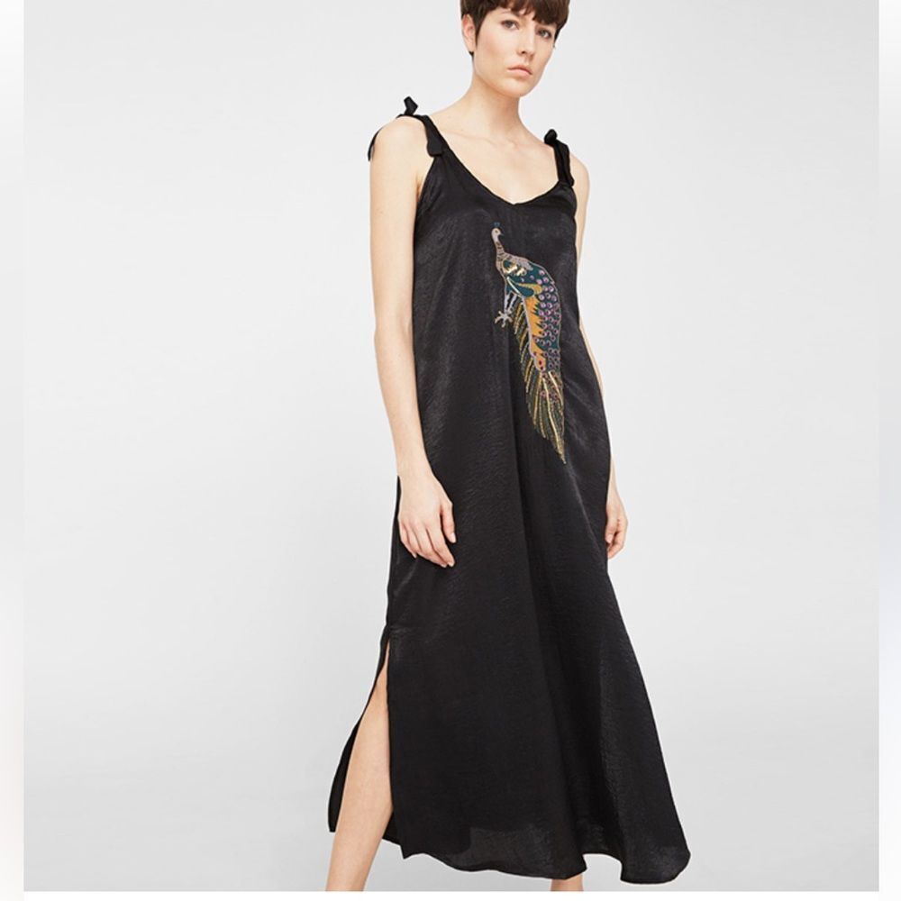 Mango sateen Black Maxi dress with Side Slit and Embroidered Detail NWT size S